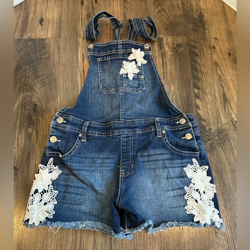 GUC Jordache Girl's Denim Overall Shortalls, Embroidered Floral, Size: XL 14-16